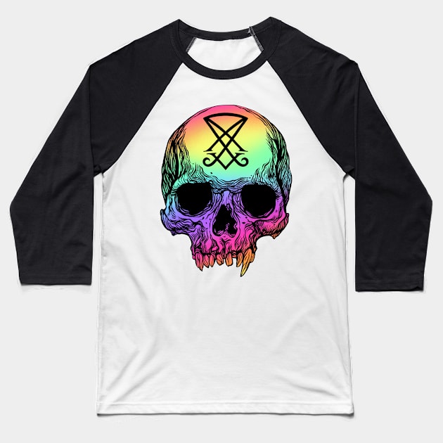 Human skull with Sigil of Lucifer Baseball T-Shirt by OccultOmaStore